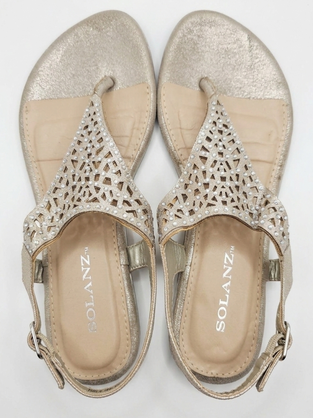SOLANZ Champagne Gold Rhinestone Laser Cut Slingback Sandals - Size 7 - Picture 2 of 6